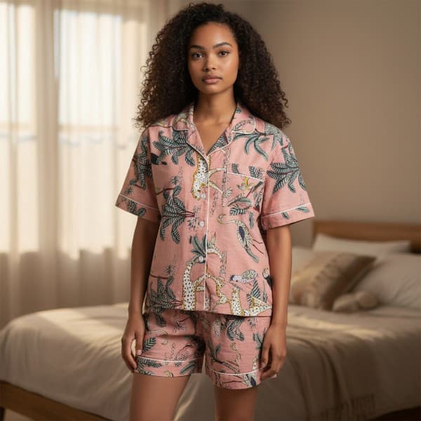 Short Cotton Pyjama Coral Jungle